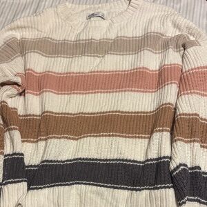 Hollister Cream and Pink Striped Crewneck Sweater